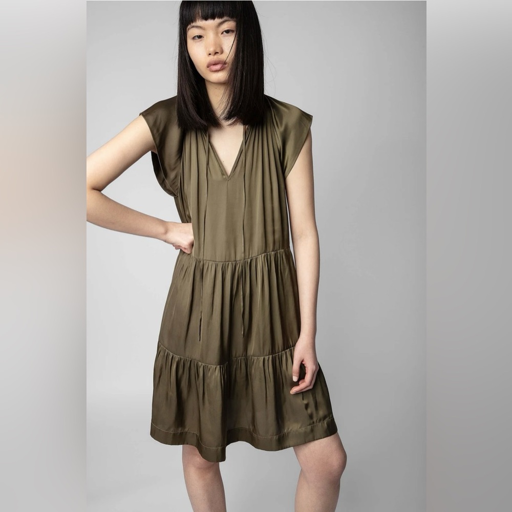 NEW Zadig & Voltaire Rito Satin Mini Dress Cap Sleeve Olive Green Fits XS/S/M